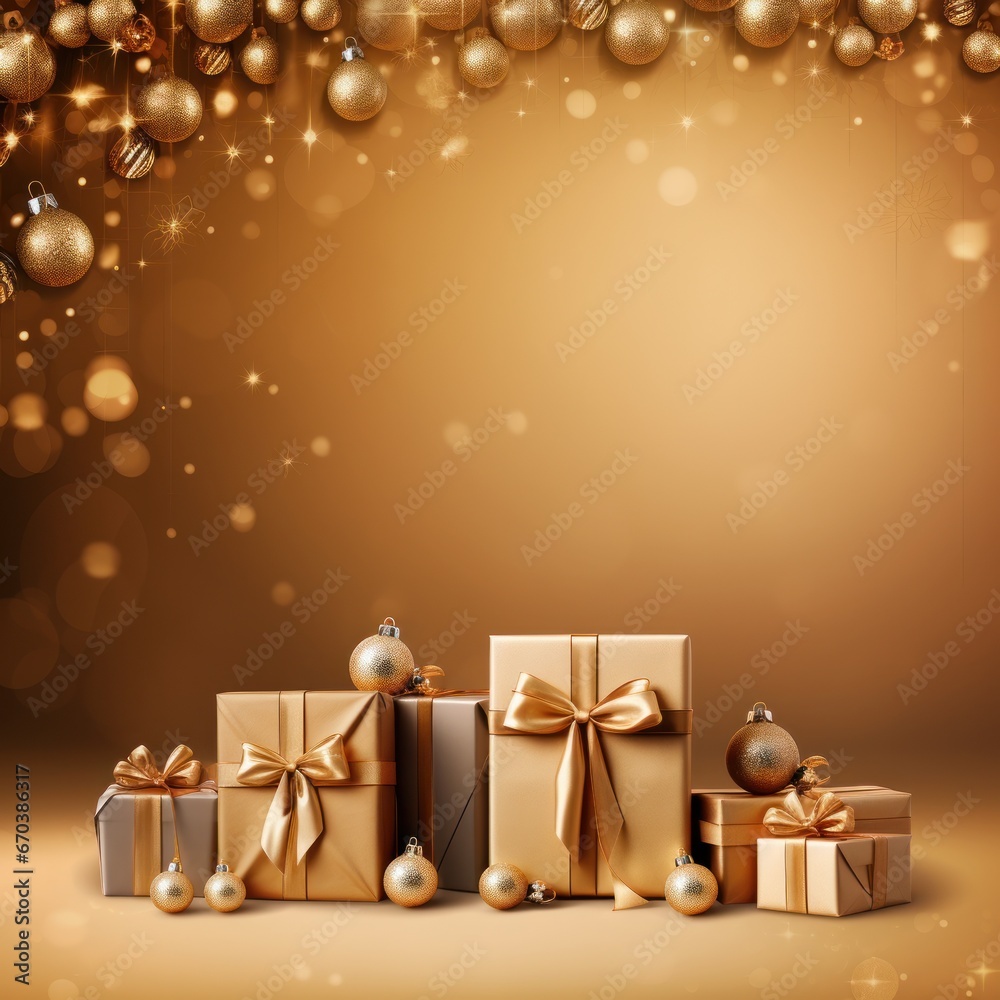 New Year label with Christmas gift boxes and gold decorations on the background. New Year label with Christmas gift boxes and gold decorations on the background.