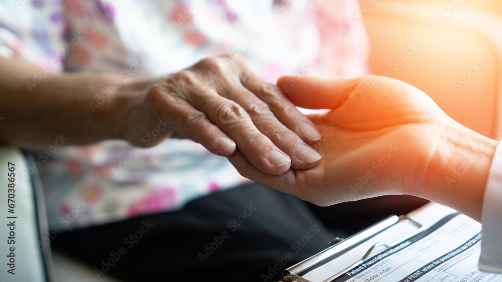 Parkinson disease patient, Alzheimer elderly senior, Arthritis persons hand in support of geriatric doctor or nursing caregiver for hospice palliative care, disability awareness day in aging society