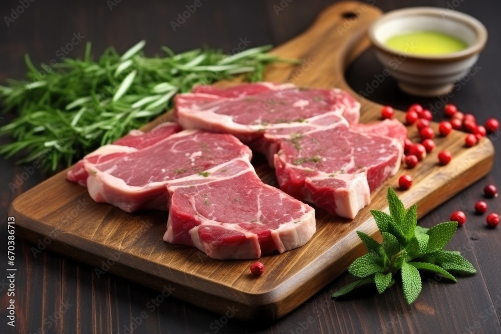fresh lamb chops prepared with herb rub on stone plate