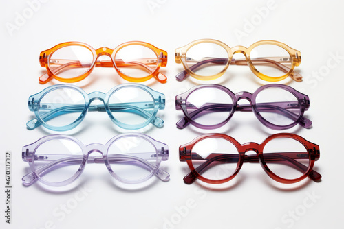 Row of different colored glasses sitting on top of each other.