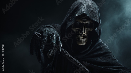 Grim Reaper reaching towards the camera over dark background.