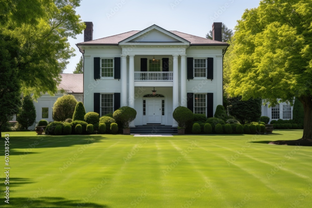 georgian house with dentil molding and manicured lawn in view georgian house with dentil molding and manicured lawn in view