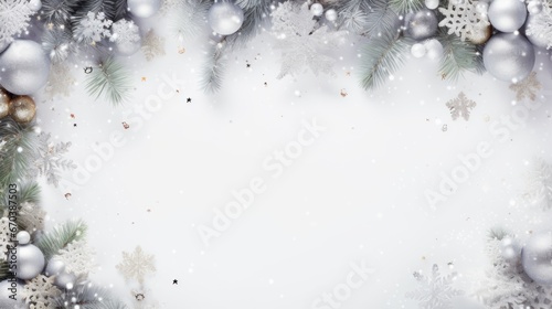 Merry Christmas wreath made of white and silver decorated fir trees, sparkles and confetti on white background.