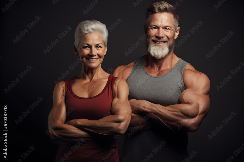 Athletic elderly muscular man and woman in gym before workout Athletic elderly muscular man and woman in gym before workout