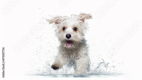 dog shakes off water studio photo white background, happiness joy.
