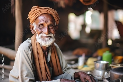indian old man in traditional clothes sitting at a table in a restaurant photo
