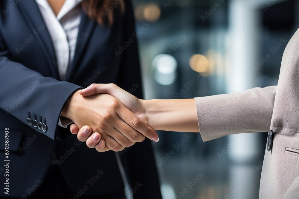 Handshake of two business women. Concluding a successful deal. Profitable business. Generated by artificial intelligence