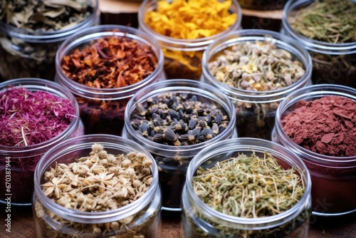 different species of dried botanicals in separate containers