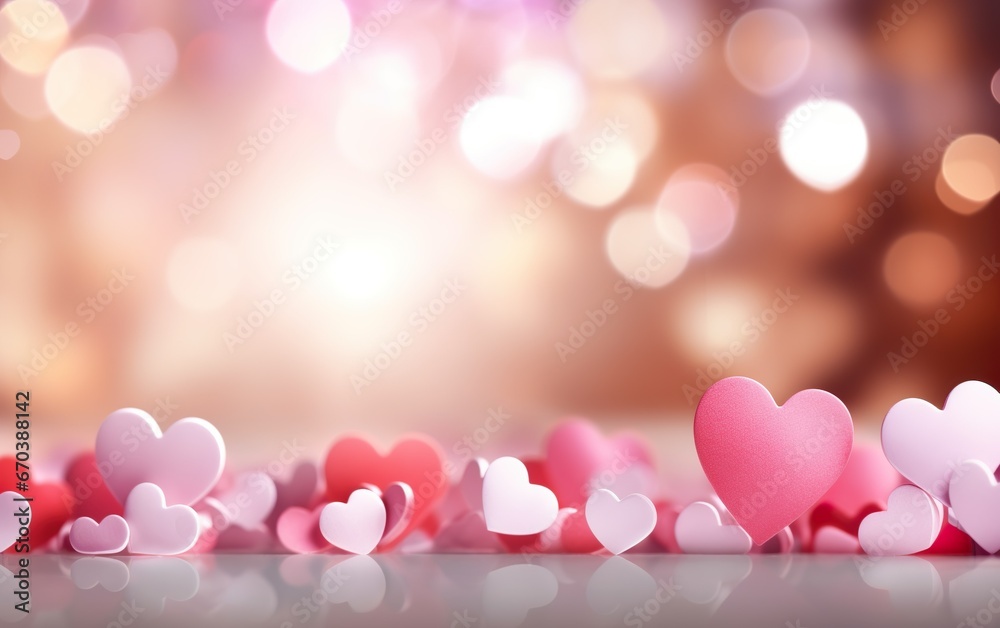Soft pink Valentine's Day blurred heart shape bokeh background with copy space. Party invitation, greetings, celebration design concept.