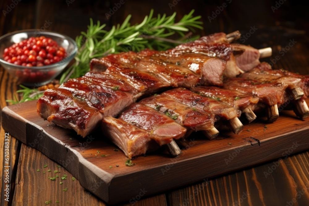 array of glazed pork ribs on a rustic wooden table