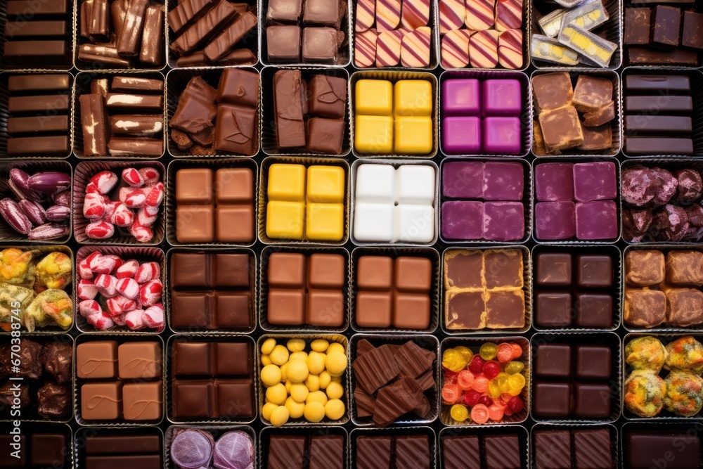 overhead shot showcasing isle of machine-packed chocolate boxes