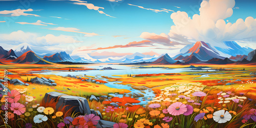 colourful painting of the tundra landscape, a picturesque natural environment in cute cartoon style