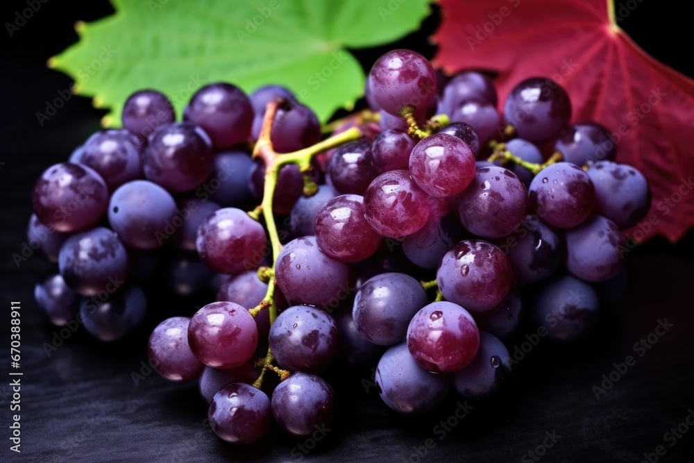 cluster of purple grapes against a dark leaf background cluster of purple grapes against a dark leaf background