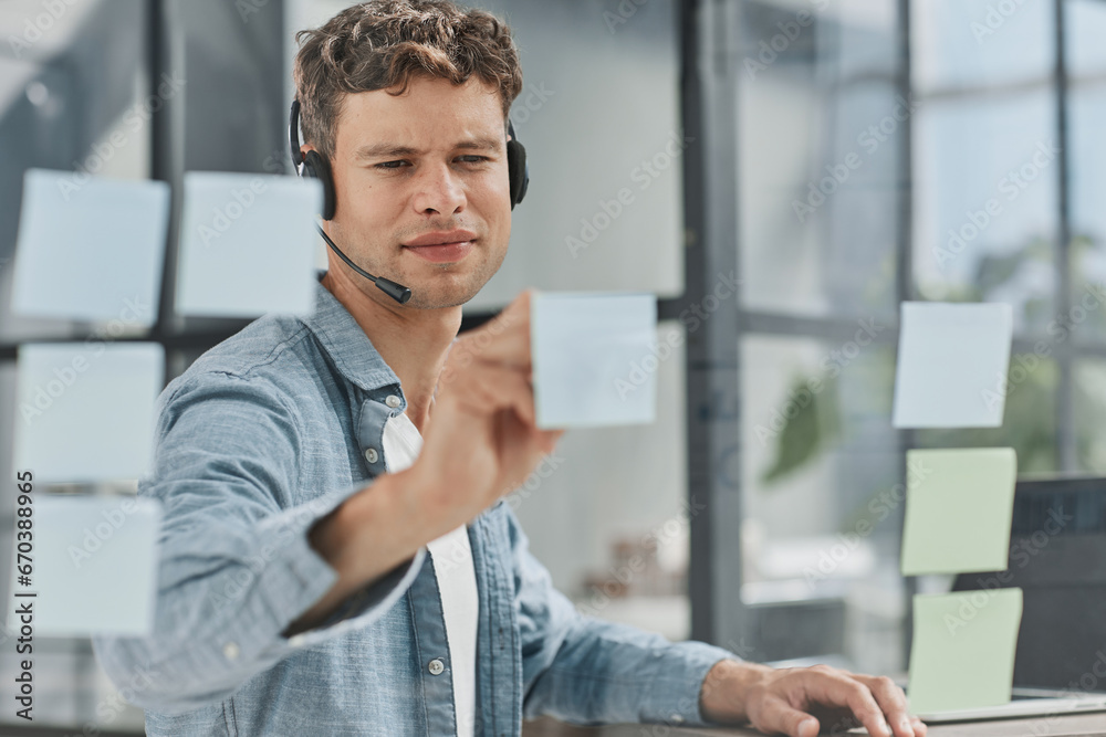 Business man, call center and web support communication at a computer in a office Business man, call center and web support communication at a computer in a office