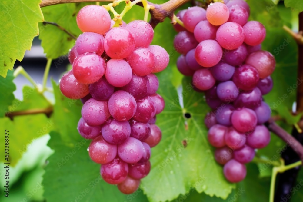 close-up of ripe, dewy grapes hanging from vine