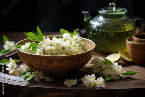 Exquisite green tea leaves and fragrant jasmine flowers 