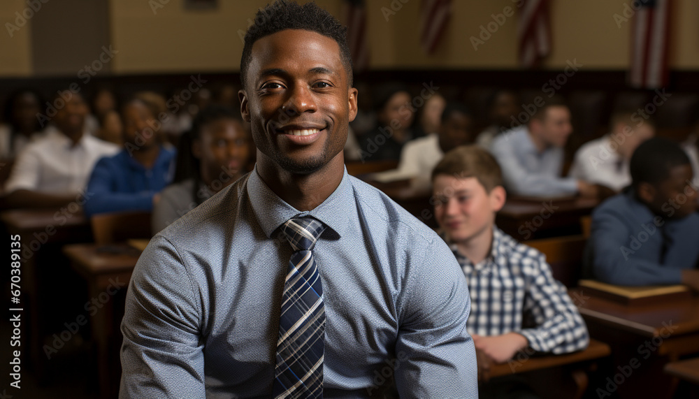 Confident young man in a checkered shirt and tie smiling, with students blurred in the background inside a classic classroom Confident young man in a checkered shirt and tie smiling, with students blurred in the background inside a classic classroom