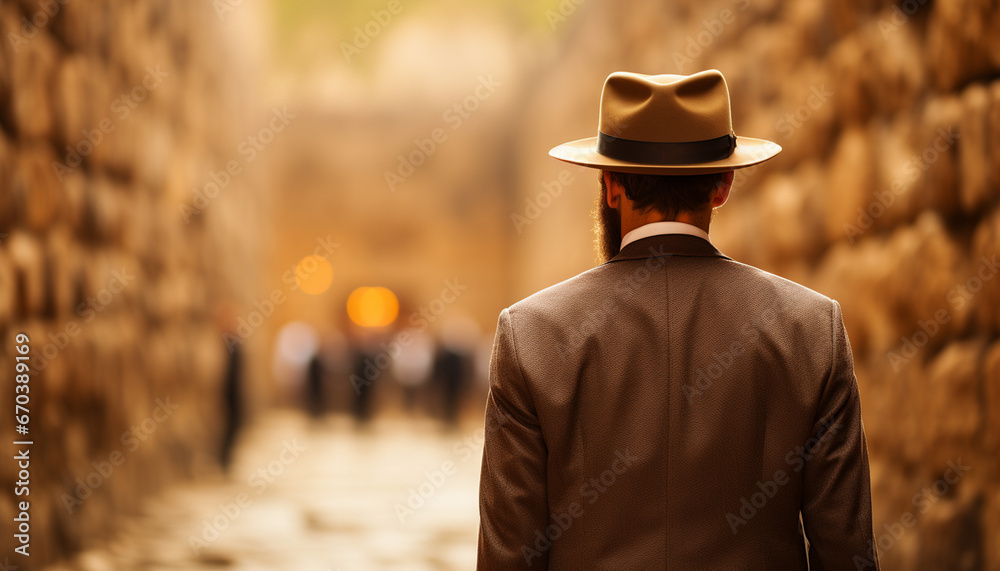Rear view of a man in a fedora hat and tailored suit, standing contemplatively in a narrow, sunlit cobblestone alley