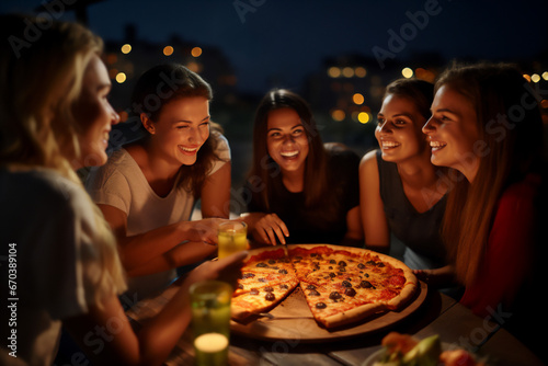 group of young friends smiling having pizza dinner at night