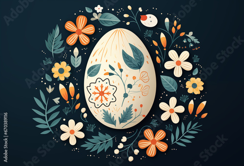 A happy easter card with an egg and flowers 
