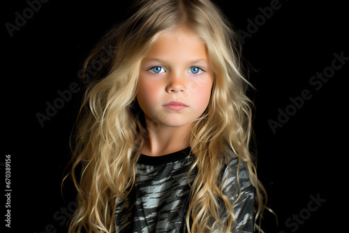 portrait of blonde girl with long wavy hair and blue eyes on black background
