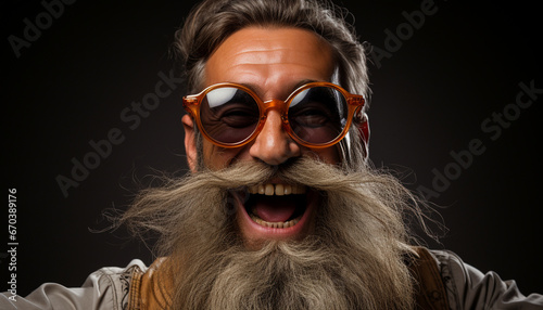 Cheerful bearded man with twirled mustache, donning oversized orange sunglasses and a patterned shirt, exuding a playful vibe against a dark backdrop. © Vagengeim