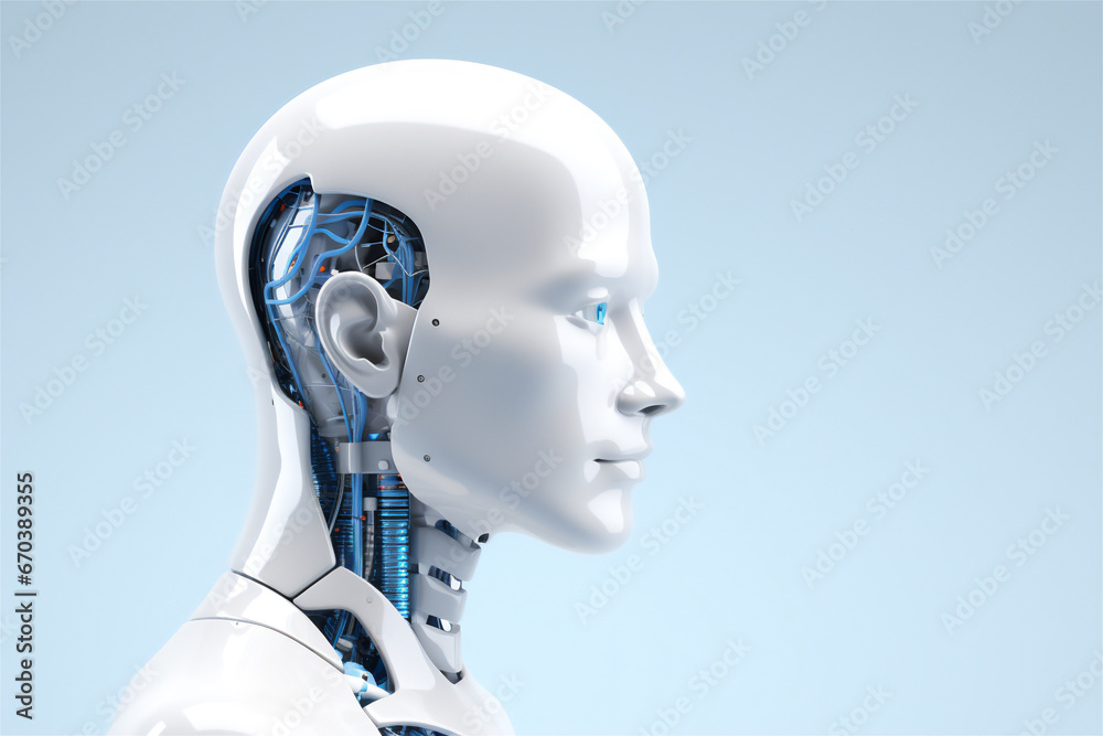 bright white material male looking robotic head in profile on soft blue background