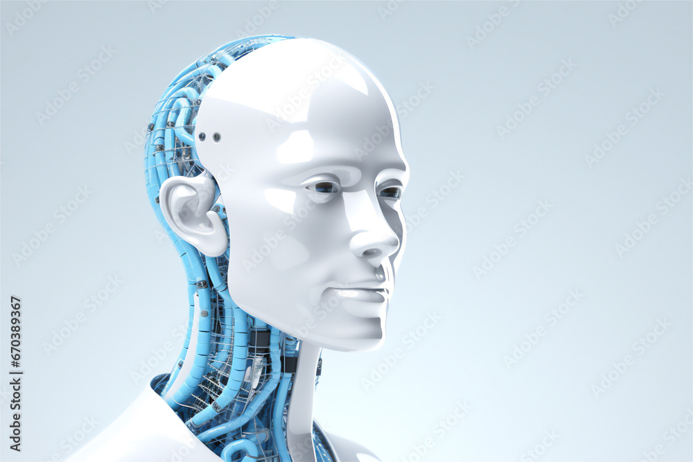 semi profile shiny white material male robotic head on blue background semi profile shiny white material male robotic head on blue background