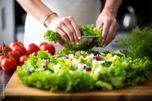 hand arranging lettuce for greek salad