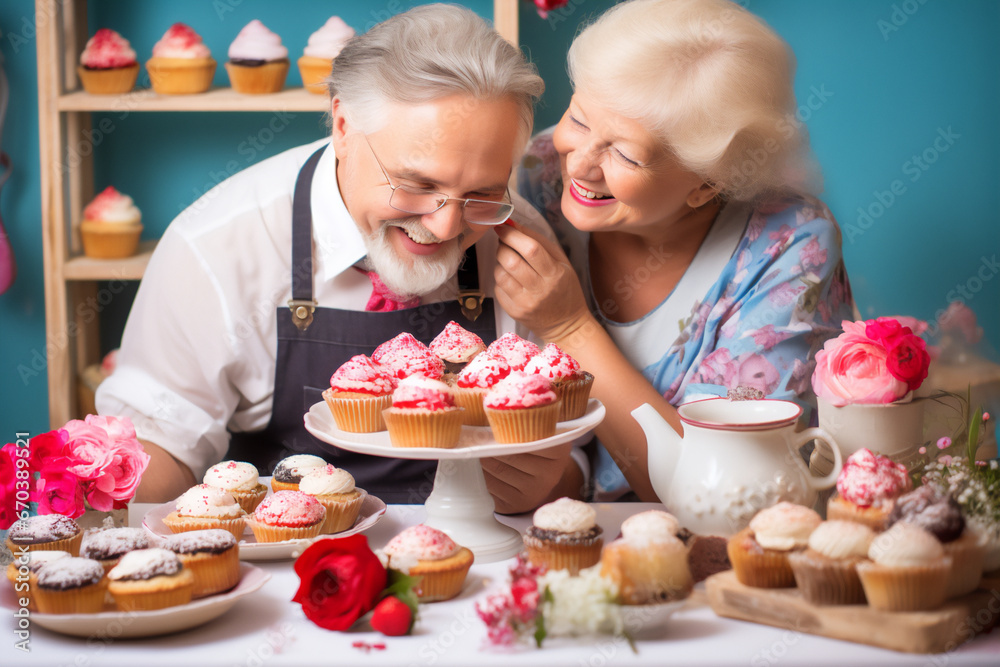 Smiling senior couple with white hair cooking some colorful muffins