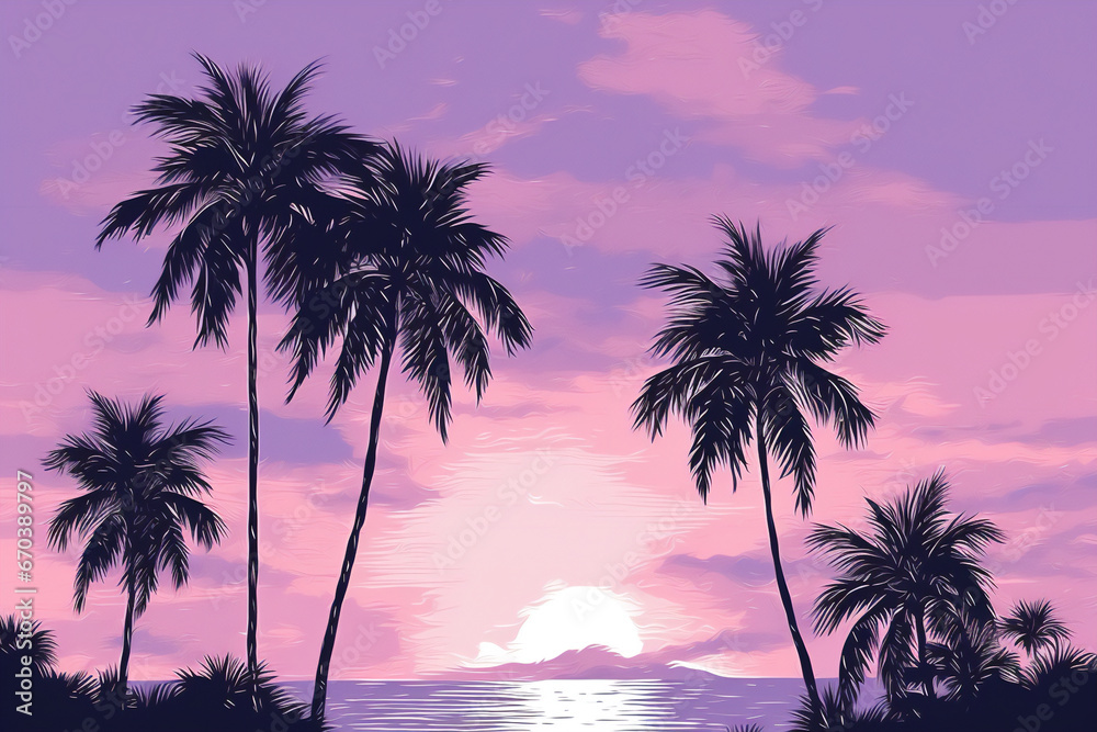 illustration of sunset on a Caribbean beach with palm trees and sun setting in purple tones