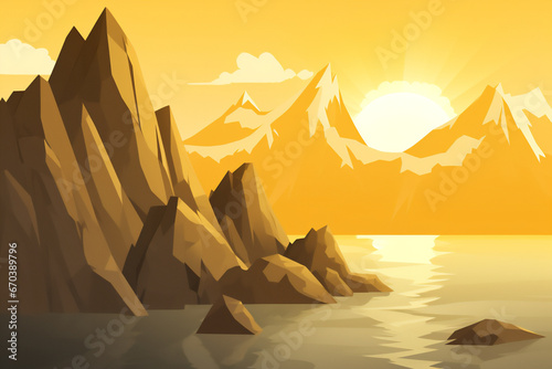 illustration of sunset on cliffs near the sea with mountains in the background in yellow and gold tones