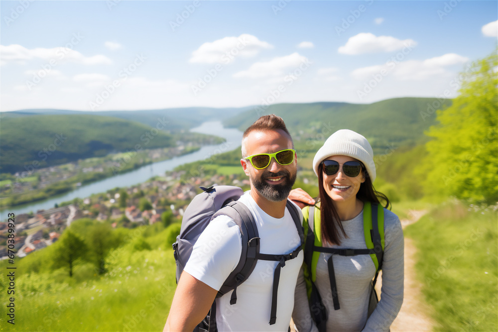 young couple smiling with sunglasses and backpack hiking in nature