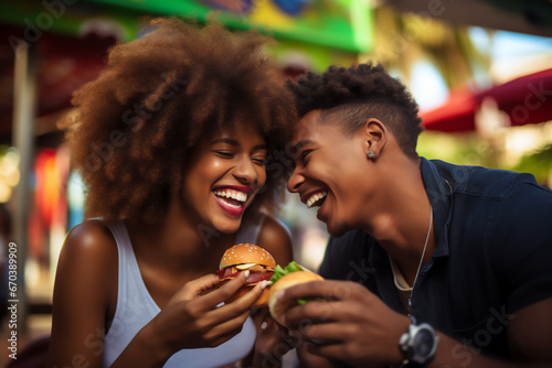 african american couple of young boy and girl smiling having a hamburger