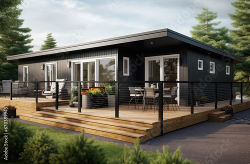 3d rendering of a modular home's front, side and back deck in canada