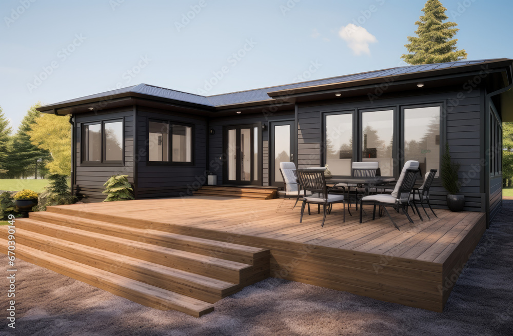 3d rendering of a modular home's front, side and back deck in canada