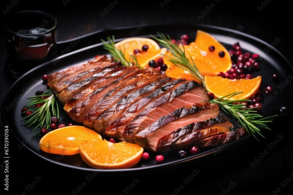 overhead shot of grilled duck with garnish on a black plate