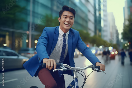 A portrait shot of a smiling Asian man in a brown, navy blue suit and black tie, wearing a black backpack, riding a bicycle in the blurry crowded city background to office. Generative AI.