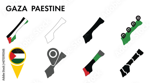 Set of Gaza Palestine map isolated on white background, vector illustration design. Palestine Map Vector - Blank map of Palestine Black Silhouette and Outline Isolated on White
