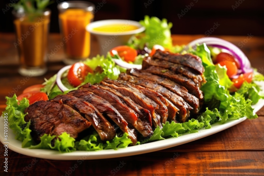 lamb ribs with salad on a platter