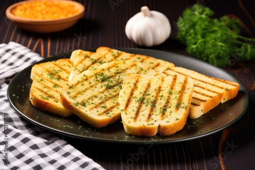garlic bread slices with grill marks on a ceramic plate