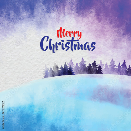 Winter watercolor Merry Christmas card. Hand-drawn landscape background with falling snow
