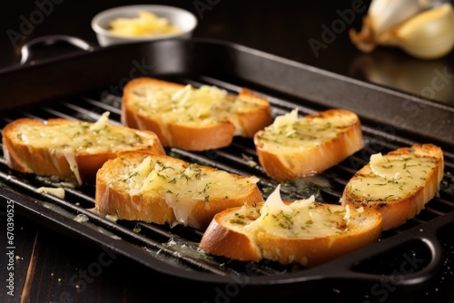 sliced garlic bread on a grill pan with melted butter