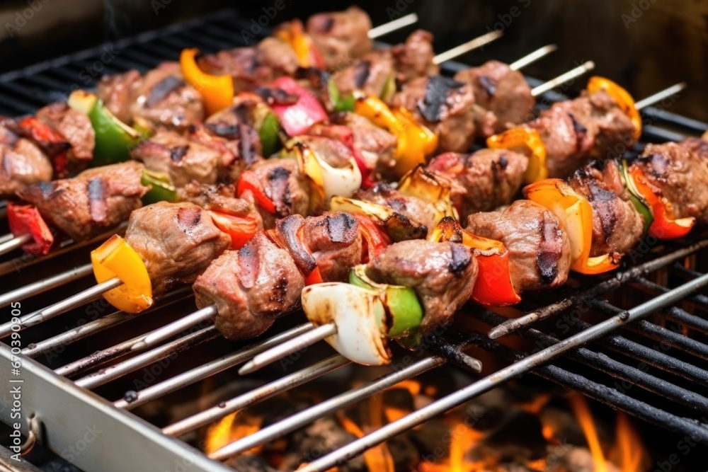 lamb kebabs on grill rack, with tongs grabbing one