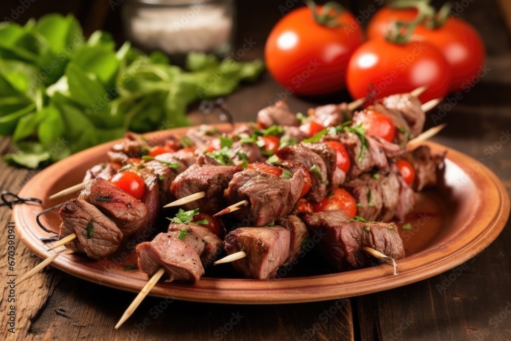 heap of grilled lamb kebabs on a rustic wooden plate