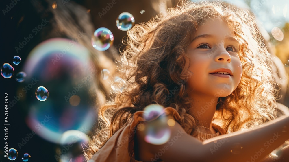 Little girl playing with bubbles, AI generated Image Little girl playing with bubbles, AI generated Image