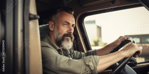 lorry truck delivery driver elderly senior male man driving van sitting behind steering wheel concept of transit freight moving truck bus excavator vehicle driver