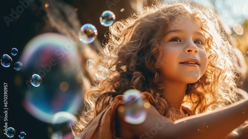 Little girl playing with bubbles, AI generated Image