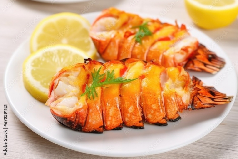 close-up of a single grilled lobster tail on a white plate close-up of a single grilled lobster tail on a white plate