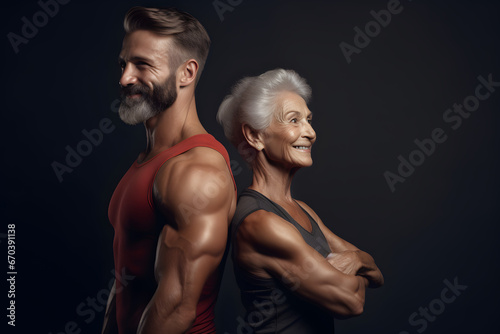 Athletic elderly muscular man and woman in gym before workout